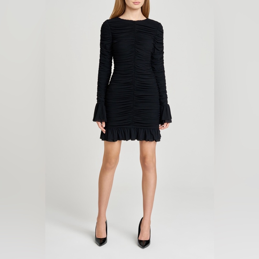 WAYF Maxine Black Ruched Ruffle Long Sleeve Mini Dress NWT L